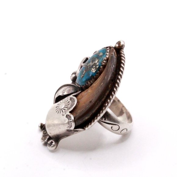 Vintage Sterling Silver Native American Navajo Morenci Turquoise Bear Claw Ring - Picture 13 of 14